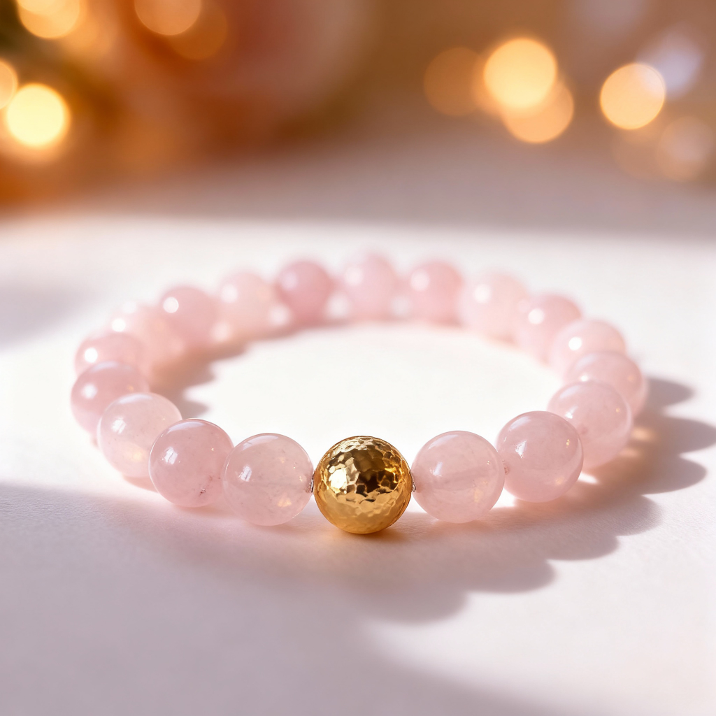 Rose Quartz Faceted with Hammered Gold Bead